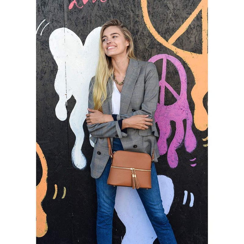 SG SUGU Lunar Lightweight Medium Dome Crossbody Bag Shoulder Bag with Double Tassels | Zipper Pocket | Adjustable Strap|Cognac - Image 2