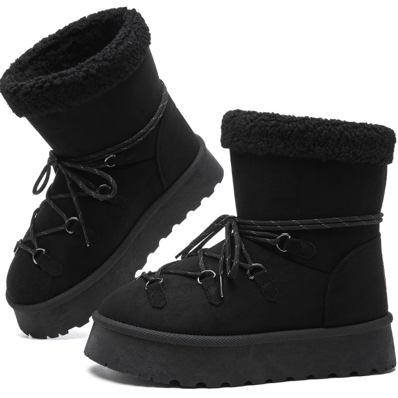 TUOPIN Women's Classic Platform Mini Snow Boots - Faux Suede Slip-On & Lace-Up Winter Booties with Sherpa Lining, Anti-Slip Thick Sole Ankle Boots - Black.US9 - Image 1