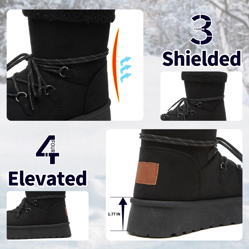 TUOPIN Women's Classic Platform Mini Snow Boots - Faux Suede Slip-On & Lace-Up Winter Booties with Sherpa Lining, Anti-Slip Thick Sole Ankle Boots - Black.US9 - Image 4