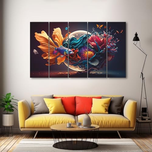 The Castle Decor Aqua fish world painting with frame 5 Big Size (27x48) Wall Art for living room,Bedroom,Drawing room,Hotels-Wooden Framed-Digital Painting - Image 1