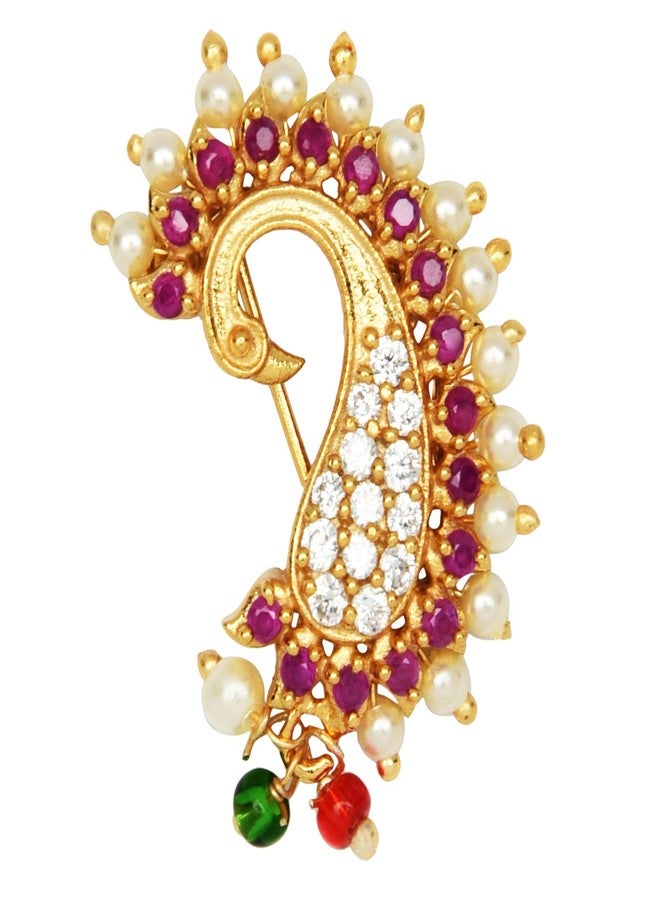 ACCESSHER Gold Plated Traditional American Diamond Embellished Non Piercing/Clip On Peacock Design Maharashtrian Nath/Nose Ring for Women and Girls Pack of 1 - Image 1
