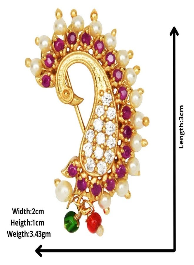 ACCESSHER Gold Plated Traditional American Diamond Embellished Non Piercing/Clip On Peacock Design Maharashtrian Nath/Nose Ring for Women and Girls Pack of 1 - Image 5