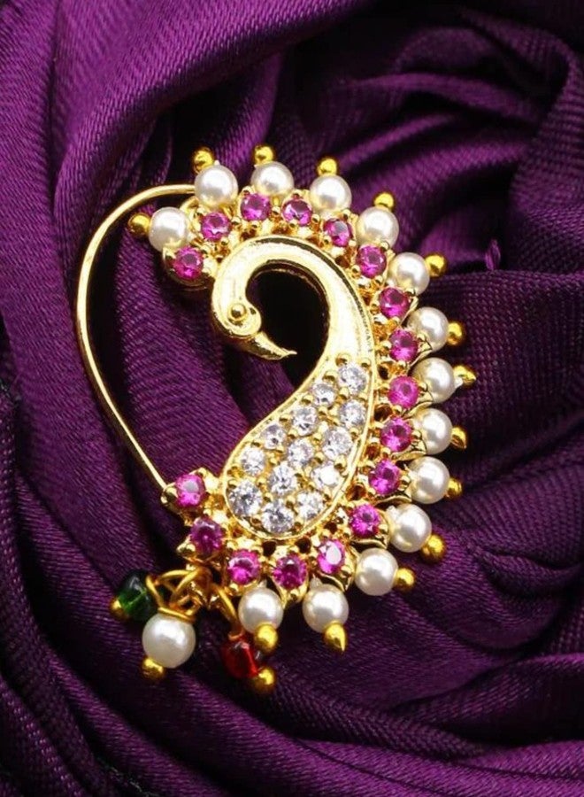 ACCESSHER Gold Plated Traditional American Diamond Embellished Non Piercing/Clip On Peacock Design Maharashtrian Nath/Nose Ring for Women and Girls Pack of 1 - Image 3