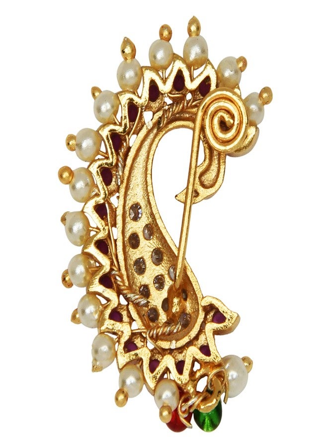 ACCESSHER Gold Plated Traditional American Diamond Embellished Non Piercing/Clip On Peacock Design Maharashtrian Nath/Nose Ring for Women and Girls Pack of 1 - Image 4