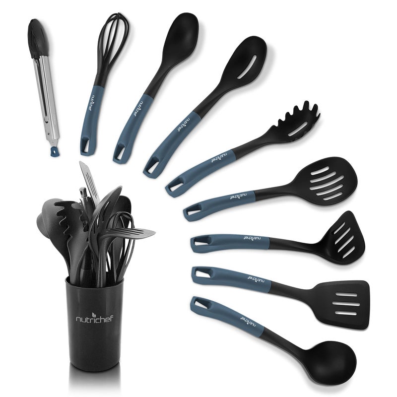 NutriChef 10Piece Kitchen Cooking Utensils Set Nonstick Heat Resistant Silicone Kitchen Gadgets Cookware Tools Cooking Utensils Set with Holder Pots Pans Accessories NutriChef NCUTL10DS BlueBlack