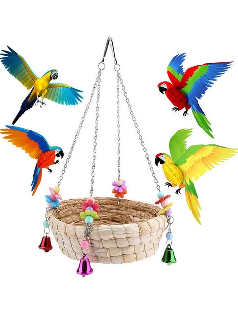 Bird Parrot Toy, Bird Chewing Toys, Swing for Birds, Parrot Bite Toy, Natural Handwoven Straw Bird Toys with 4 Metal Bells for Parakeets, Cockatiels, Conures, Macaws, Parrots, Finches