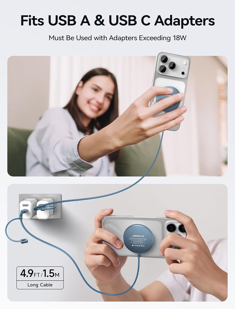 jsaux Magnetic Wireless Charger, 15W Fast Charging Mag Charger Pad with Dual Charging Ports, Compatible with MagSafe Charger/iPhone 16/Plus/Pro Max/15 Pro Max 14 13 12 Series 7.5W Max-Blue - Image 3