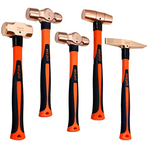 WEDO Copper Hammer Set 5PCS Sledge Hammer 3lb Drum Type Hammer 112lb Ball Peen Hammer 1lb2lb Scaling Hammer 300g Long Straight Fiberglass Handle Copper Head - Image 1