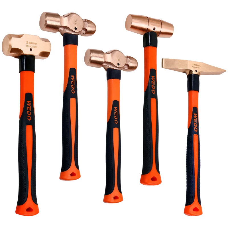 WEDO Copper Hammer Set 5PCS Sledge Hammer 3lb Drum Type Hammer 112lb Ball Peen Hammer 1lb2lb Scaling Hammer 300g Long Straight Fiberglass Handle Copper Head - Image 2