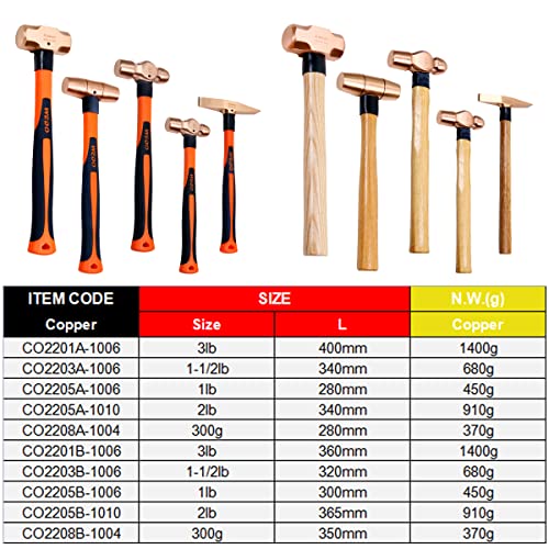 WEDO Copper Hammer Set 5PCS Sledge Hammer 3lb Drum Type Hammer 112lb Ball Peen Hammer 1lb2lb Scaling Hammer 300g Long Straight Fiberglass Handle Copper Head - Image 3