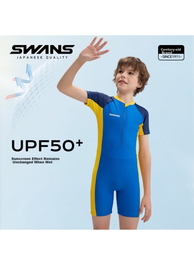Speed Vision Suanshi Swans Children's Swimsuit, Boys' One-piece Swimwear, Chlorine-resistant, Quick-drying, Sun Protection, Surfing Suit, Swimwear, Blue, Size 150 - Image 1