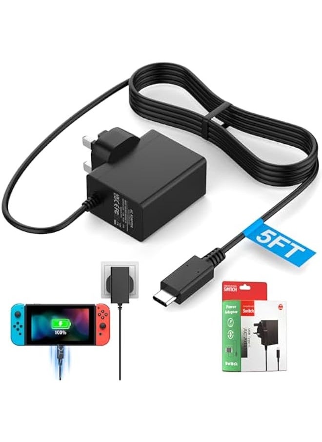 Generic For Nintendo Switch Charger Cable Ac Power Adapter for Switch lite, Dock, OLED, Pro Controller UK Plug 15V 2.6A Fast Charging Support TV Mode  - Image 1