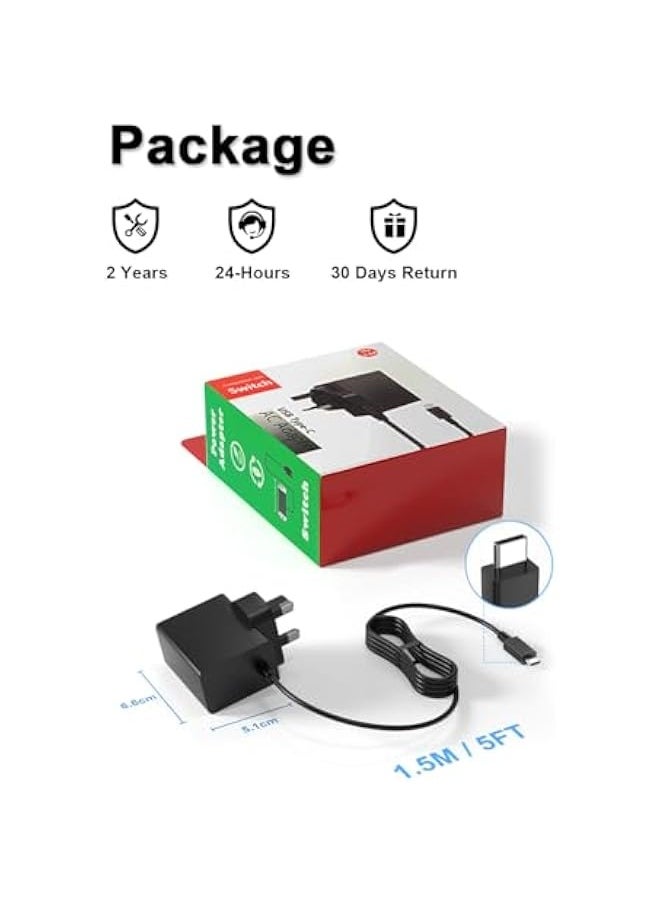 For Nintendo Switch Charger Cable Ac Power Adapter for Switch lite, Dock, OLED, Pro Controller UK Plug 15V 2.6A Fast Charging Support TV Mode