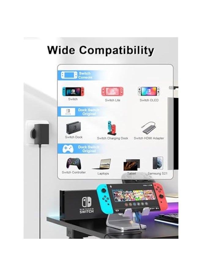Generic For Nintendo Switch Charger Cable Ac Power Adapter for Switch lite, Dock, OLED, Pro Controller UK Plug 15V 2.6A Fast Charging Support TV Mode  - Image 3