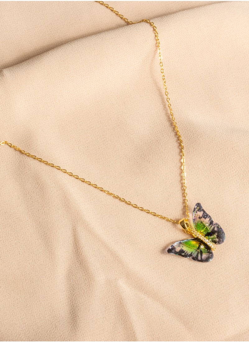 The Black Pearl Accessories Stainless Steel Necklace Gold with a Black Green Butterfly Pendant  - Image 2