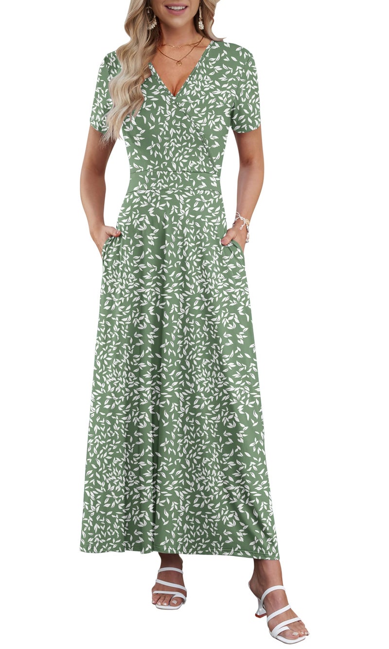 AUSELILY Maxi Dresses for Women Ankle Length Floral Print Beach Long Flowy Dress with Pockets Olive Green Leaf L - Image 1