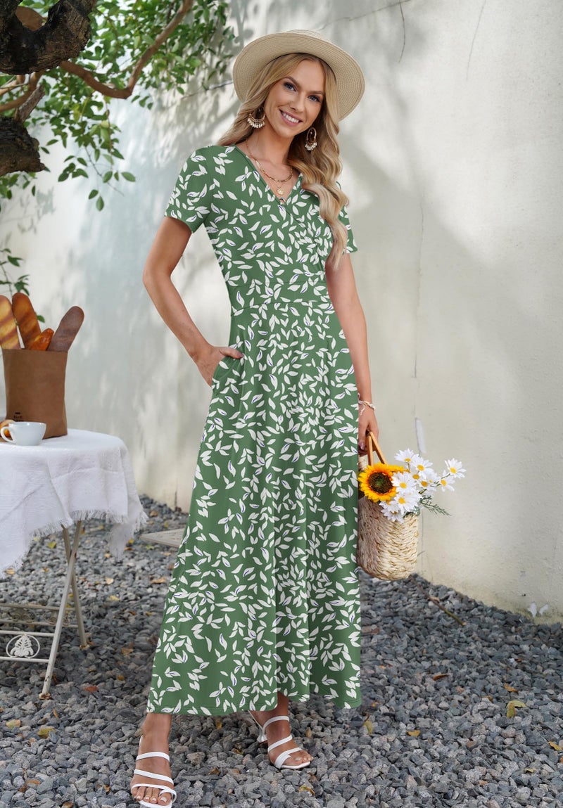 AUSELILY Maxi Dresses for Women Ankle Length Floral Print Beach Long Flowy Dress with Pockets Olive Green Leaf L - Image 5