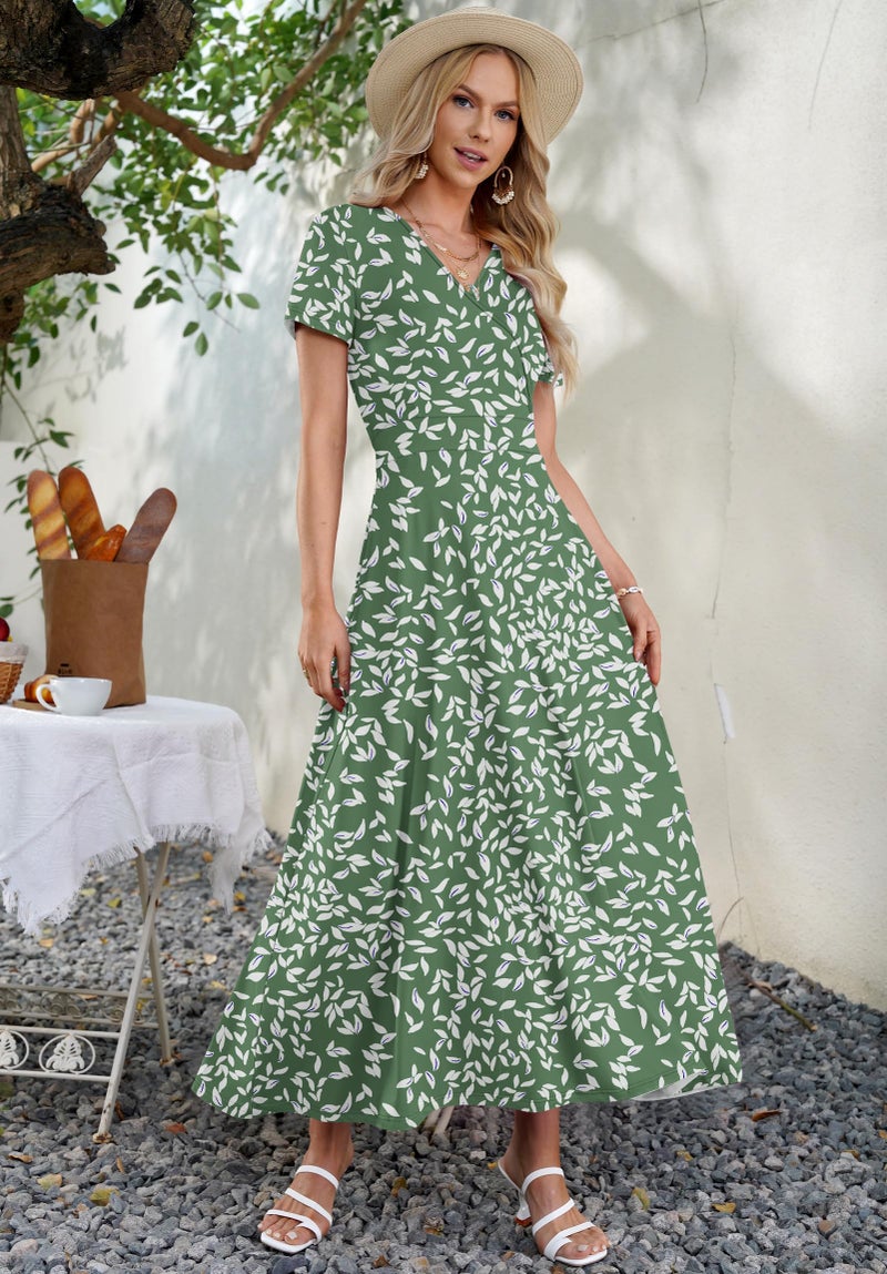 AUSELILY Maxi Dresses for Women Ankle Length Floral Print Beach Long Flowy Dress with Pockets Olive Green Leaf L - Image 3