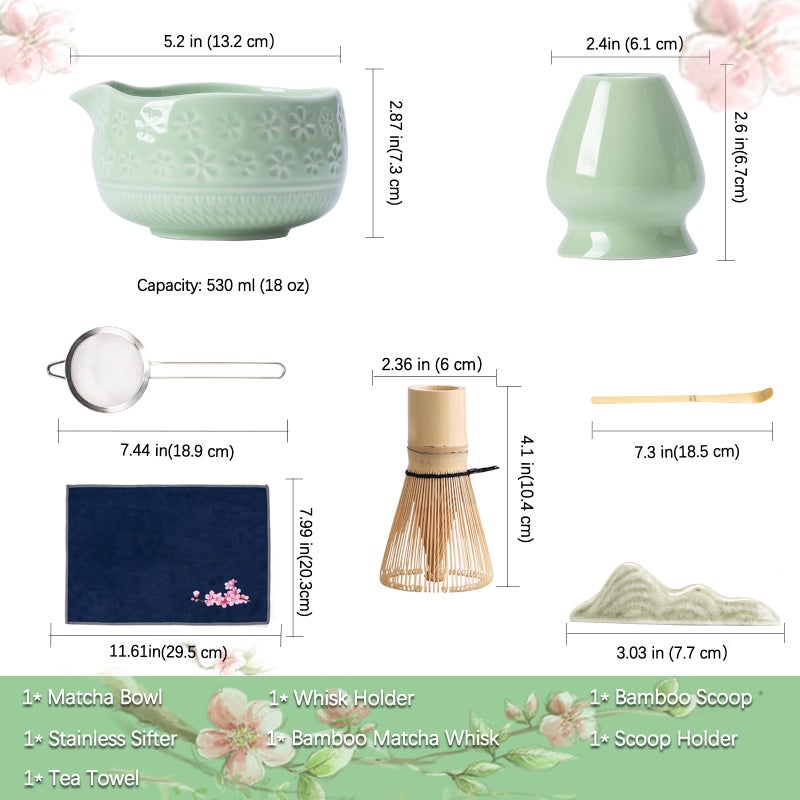 Buucup Matcha Whisk Set, Ceramic Matcha Kit Set Includes Matcha Bowl, Matcha Whisk and Holder, Bamboo Scoop, Scoop Rest, Sifter and Tea Towel - 7 Pcs Matcha Kit for Matcha Lovers (Green) - Image 5