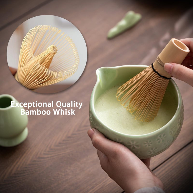 Buucup Matcha Whisk Set, Ceramic Matcha Kit Set Includes Matcha Bowl, Matcha Whisk and Holder, Bamboo Scoop, Scoop Rest, Sifter and Tea Towel - 7 Pcs Matcha Kit for Matcha Lovers (Green) - Image 4
