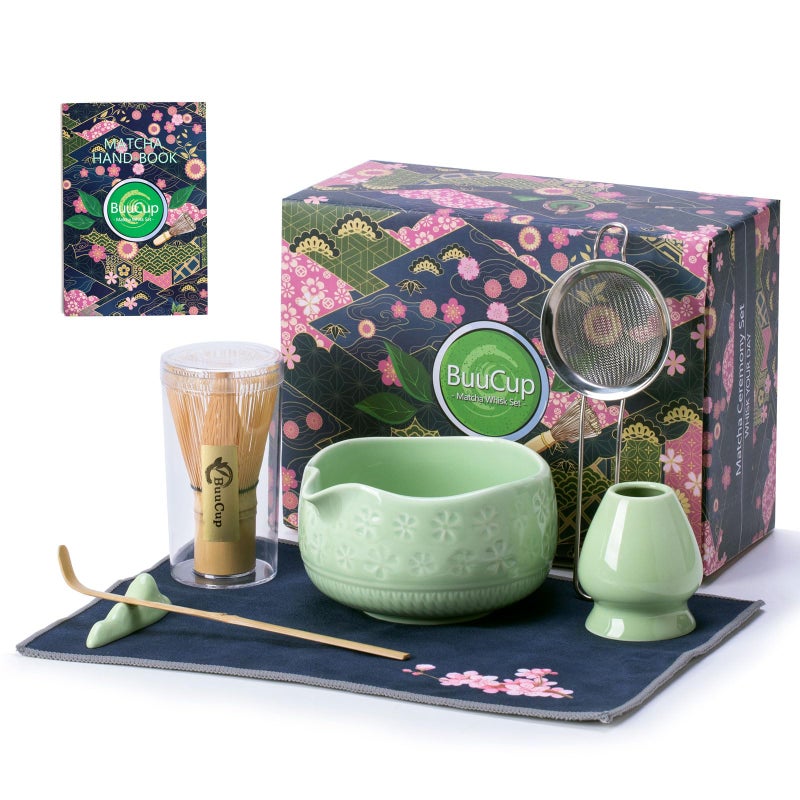 Buucup Matcha Whisk Set, Ceramic Matcha Kit Set Includes Matcha Bowl, Matcha Whisk and Holder, Bamboo Scoop, Scoop Rest, Sifter and Tea Towel - 7 Pcs Matcha Kit for Matcha Lovers (Green) - Image 1