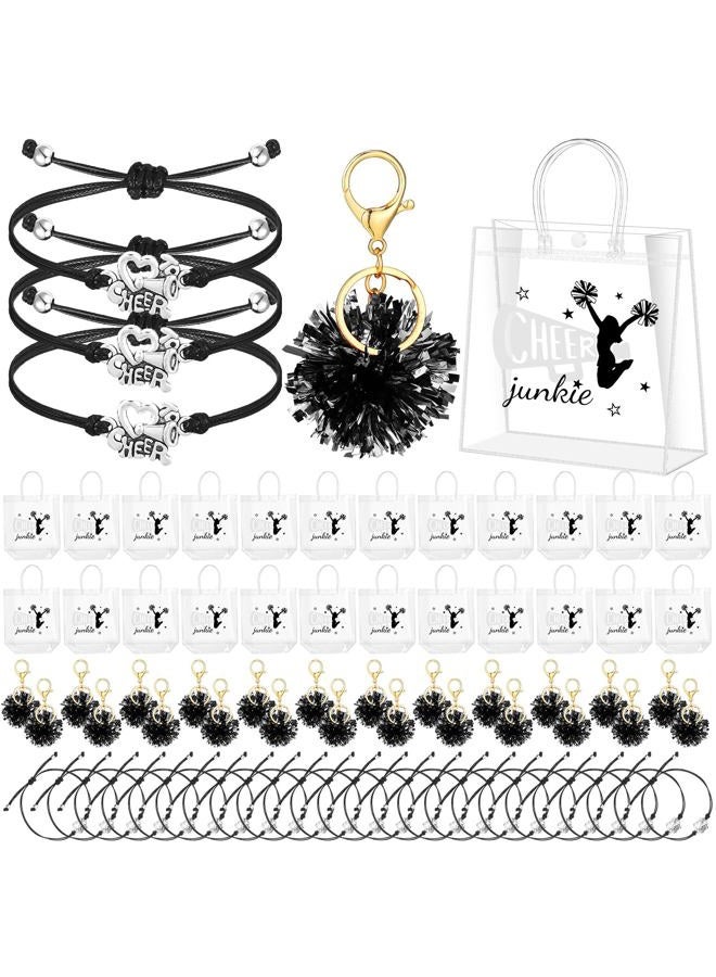Landical 72 Pcs Cheerleading Gifts Set 24 Cheer Bags 24 Pom Pom Keychain 24 Cheerleader Bracelet, PVC Transparent Tote Bags Bulk Accessories for Women Teammate Team Coach Gift(Black) - Image 1
