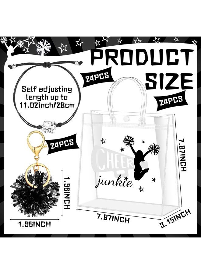 Landical 72 Pcs Cheerleading Gifts Set 24 Cheer Bags 24 Pom Pom Keychain 24 Cheerleader Bracelet, PVC Transparent Tote Bags Bulk Accessories for Women Teammate Team Coach Gift(Black) - Image 2
