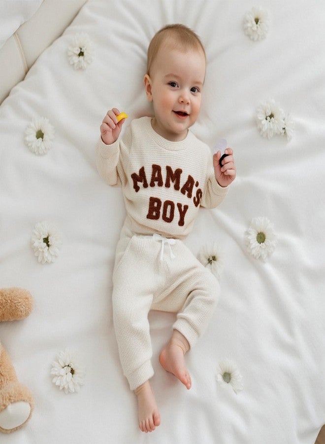 MERSARIPHY Newborn Baby Boy Fall Winter Clothes Mama's Boy Little Dude Outfit Embroidery Waffle Knit Romper Pants Sets (Beige-mama's boy, 3-6 Months) - Image 2