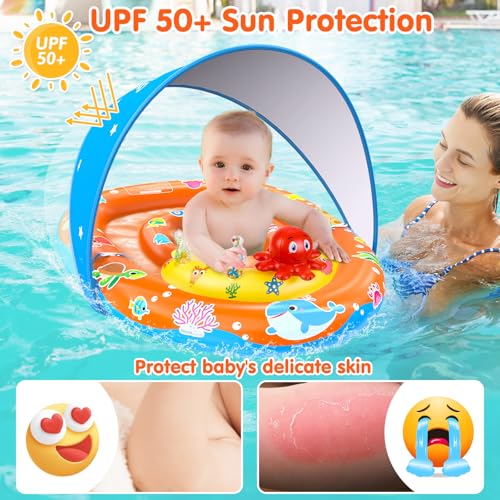 EZIGO Baby Pool Float with Canopy UPF 50 Sun Protection Double Air Chambers Infants Swimming Floats with Sound Toys Adjustable Safety Seat Toddler Float for Boys and Girls 636 Months Blue - Image 5