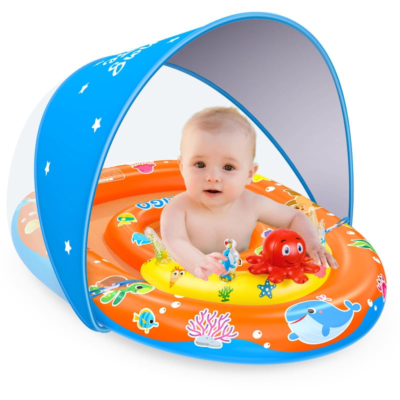 EZIGO Baby Pool Float with Canopy UPF 50 Sun Protection Double Air Chambers Infants Swimming Floats with Sound Toys Adjustable Safety Seat Toddler Float for Boys and Girls 636 Months Blue - Image 2