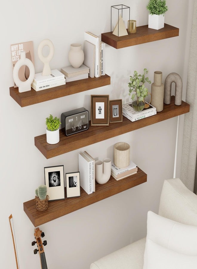 fuqing Rustic Floating Shelves, Wooden Floating Shelves for Wall Set of 3, Wall Mounted Dark Wood Shelves for Living Room Bedroom Bathroom Kitchen - Dark Walnut - Image 4