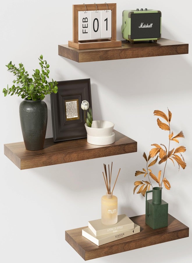 fuqing Rustic Floating Shelves, Wooden Floating Shelves for Wall Set of 3, Wall Mounted Dark Wood Shelves for Living Room Bedroom Bathroom Kitchen - Dark Walnut - Image 1