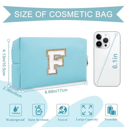 ChaoGreat Small Personalized Initial A-Z Preppy Patch Makeup Bag,PU Chenille Letter Travel Cosmetic Pouch with Zipper,Blue Cute Toiletry Bag,Gift Ideal for Teen Girls Women Teacher Bridesmaid,Letter F - Image 2