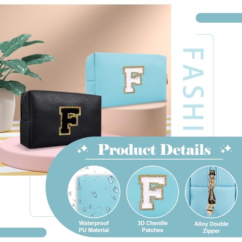 ChaoGreat Small Personalized Initial A-Z Preppy Patch Makeup Bag,PU Chenille Letter Travel Cosmetic Pouch with Zipper,Blue Cute Toiletry Bag,Gift Ideal for Teen Girls Women Teacher Bridesmaid,Letter F - Image 3