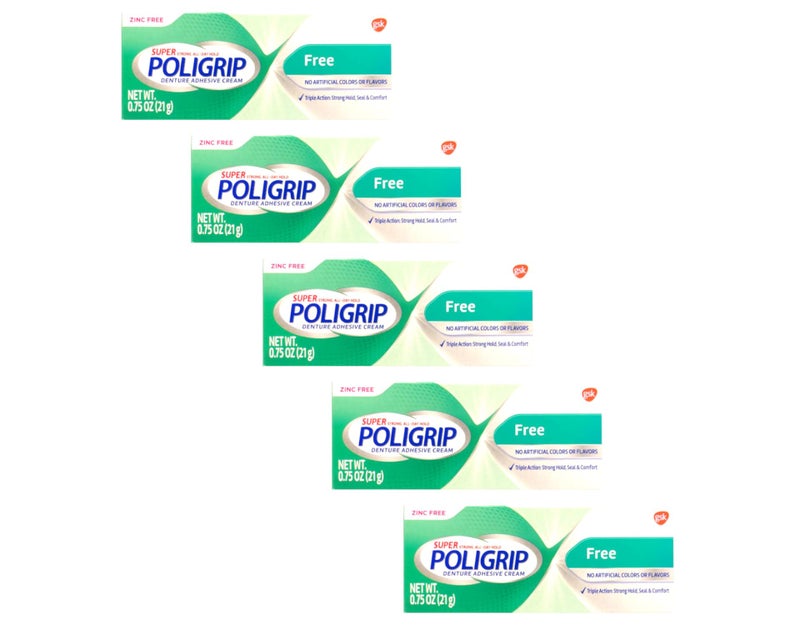Poligrip (5 عبوات) كريم لاصق أطقم الأسنان سوبر بولي جريب - ثبات قوي طوال اليوم - خالي من الزنك - بدون نكهات أو ألوان صناعية - 0.75 أونصة لكل عبوة. - Image 2
