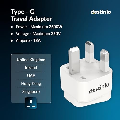 Destinio Type G Travel Adapter | UK Plug Adapter for India to UK, UAE, Singapore & More | Universal Socket, 13A 250V 2500W| International Travel Plug Adapter | CE & RoHS Certified (Pack of 3) - Image 2