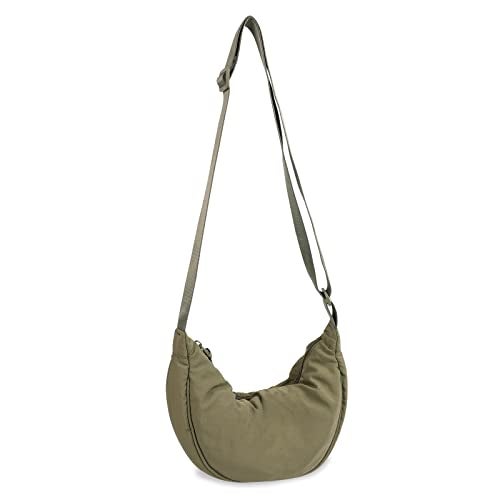 EVGLOW Nylon Crescent Crossbody Bag for Women Purses Trendy Men,Small Travel Sling Bag Hobo,Lightweight Fanny Pack with Zipper Adjustable Strap,Round Soft Shoulder Pouch Bag for Work Sport(Olive Green) - Image 1