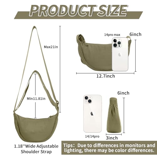 EVGLOW Nylon Crescent Crossbody Bag for Women Purses Trendy Men,Small Travel Sling Bag Hobo,Lightweight Fanny Pack with Zipper Adjustable Strap,Round Soft Shoulder Pouch Bag for Work Sport(Olive Green) - Image 2