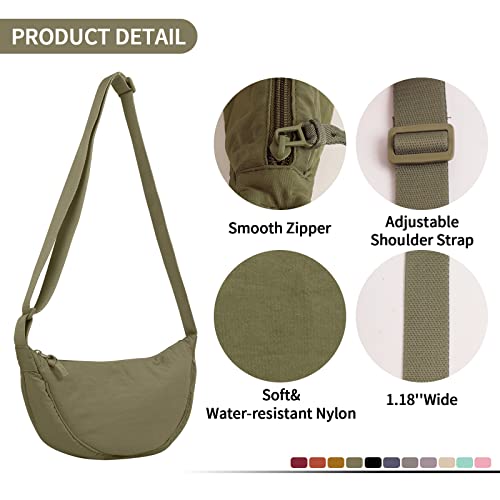 EVGLOW Nylon Crescent Crossbody Bag for Women Purses Trendy Men,Small Travel Sling Bag Hobo,Lightweight Fanny Pack with Zipper Adjustable Strap,Round Soft Shoulder Pouch Bag for Work Sport(Olive Green) - Image 3