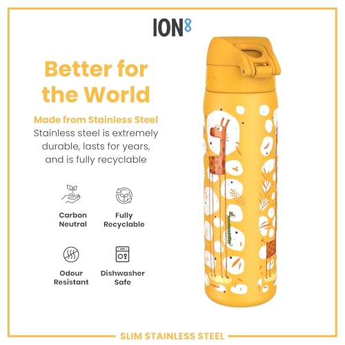 Ion8 Steel Water Bottle, 600 ml/20 oz, Leak Proof, Easy to Open, Secure Lock, Dishwasher Safe, Flip Cover, Fits Cup Holders, Carry Handle, Durable, Scratch Resistant, Raised Print, Giraffes Design - Image 5