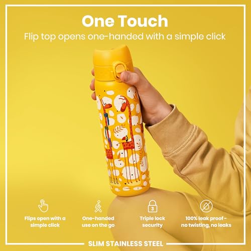 Ion8 Steel Water Bottle, 600 ml/20 oz, Leak Proof, Easy to Open, Secure Lock, Dishwasher Safe, Flip Cover, Fits Cup Holders, Carry Handle, Durable, Scratch Resistant, Raised Print, Giraffes Design - Image 3