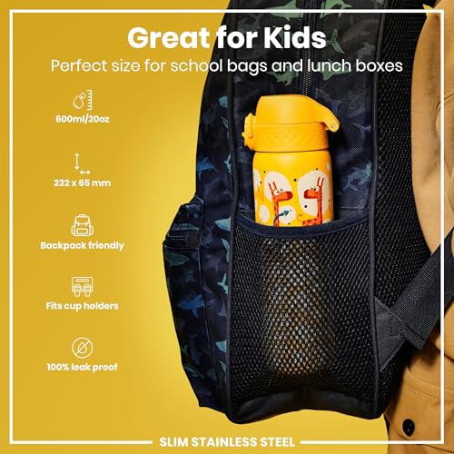 Ion8 Steel Water Bottle, 600 ml/20 oz, Leak Proof, Easy to Open, Secure Lock, Dishwasher Safe, Flip Cover, Fits Cup Holders, Carry Handle, Durable, Scratch Resistant, Raised Print, Giraffes Design - Image 2