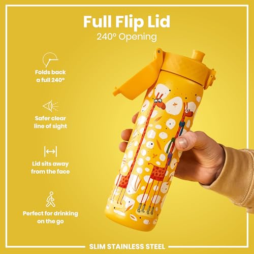 Ion8 Steel Water Bottle, 600 ml/20 oz, Leak Proof, Easy to Open, Secure Lock, Dishwasher Safe, Flip Cover, Fits Cup Holders, Carry Handle, Durable, Scratch Resistant, Raised Print, Giraffes Design - Image 4