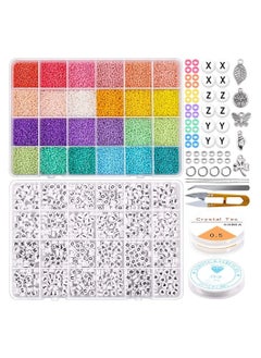 2mm Glass Seed Beads for Jewelry Making Kit Alphabet Letter Tiny Set Bracelets DIY Art and Craft with Rolls of Elastic String Cord Charms Rings 17500 Pcs