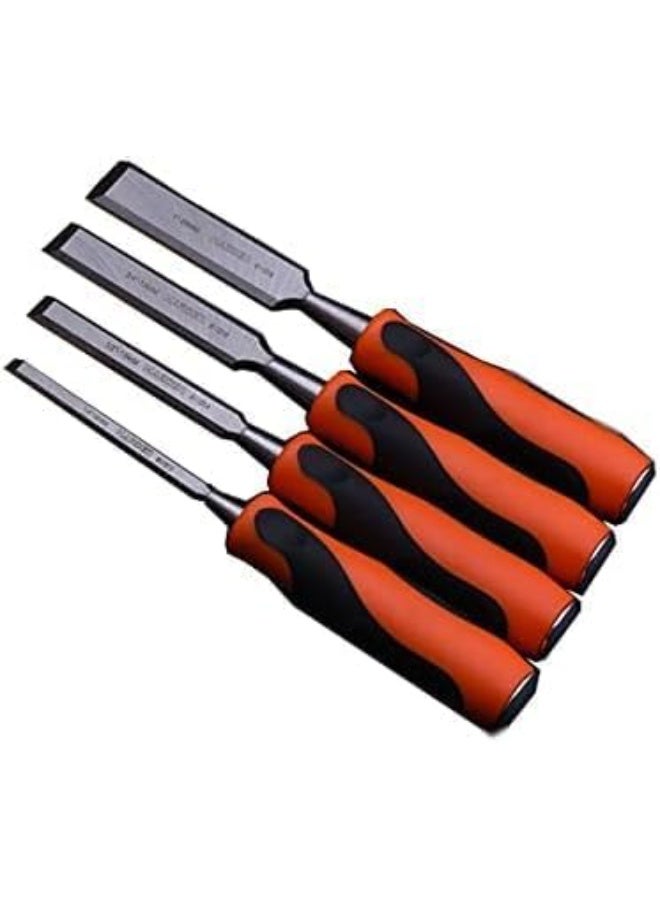Emerald Tools Harden Wood Chisel Set - Heavy Duty 4 Piece Woodworking Tools Set Includes 1/4”, 1/2”, 3/4”, 1” - Cr-V Steel with Ergo Soft Grip - Sharp Carving Bevel Edge - Steel Butt for Hammer - Image 1