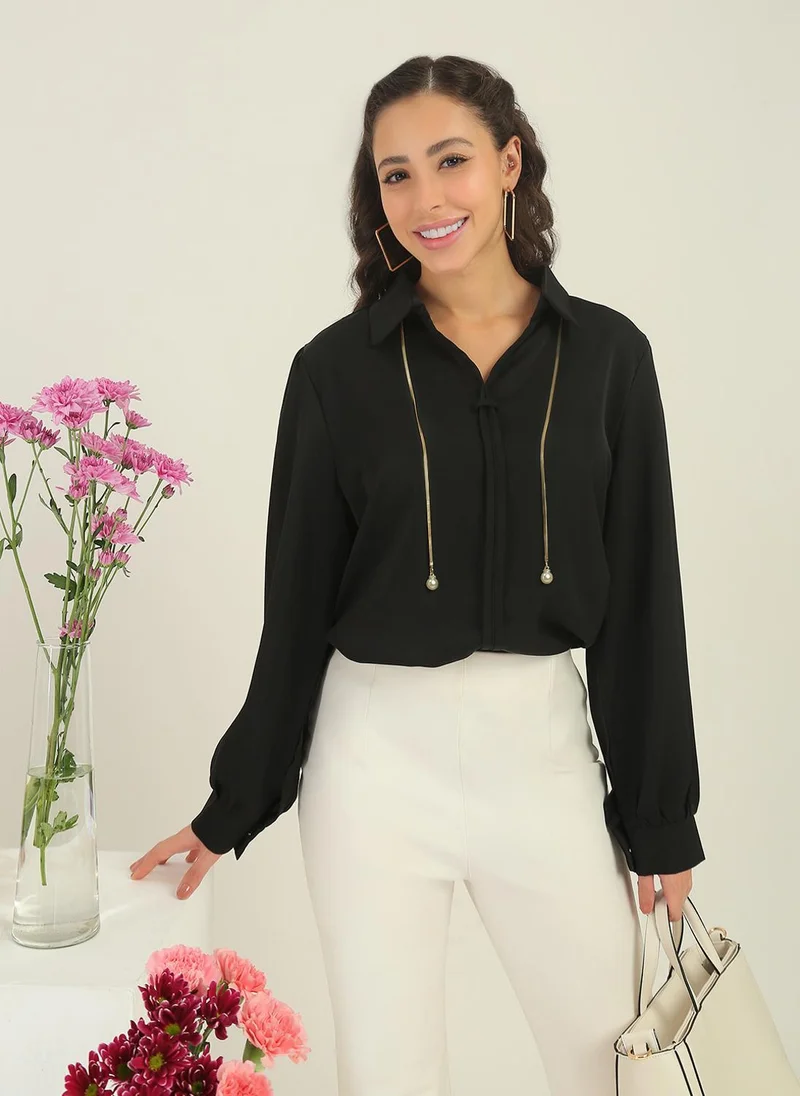 جلو باص Globus Women Black Collared Neck Cuffed Sleeves Shirt Style Workwear Top