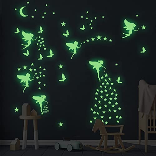 Glow in The Dark Fairy Wall Decals Luminous Fairies Wall Stickers Bedroom Ceiling Decoration Butterfly and Star Room Decor for Girls Kids Princess