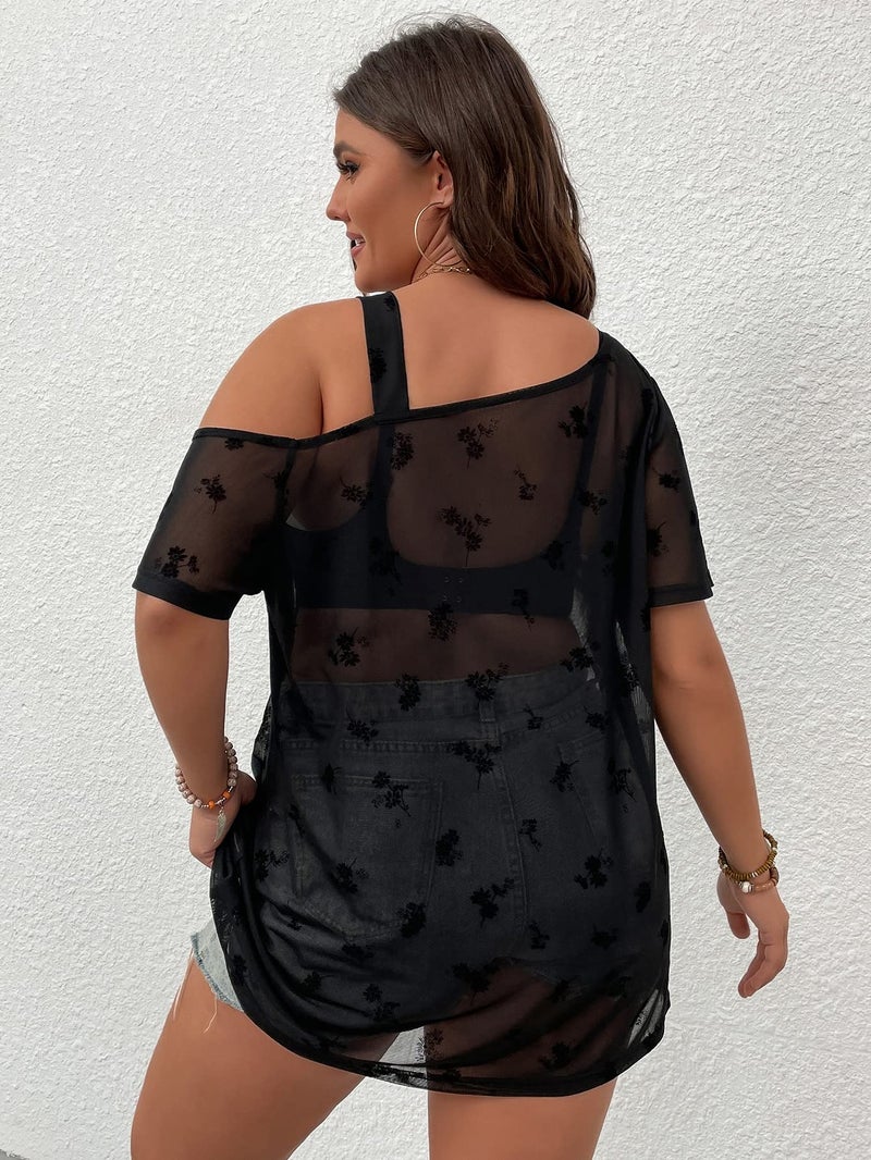 MakeMeChic Women's Plus Size Concert Outfits Fishnet Tops Black Rhinestone Sheer Short Sleeve Summer Tops Black Cold Shoulder XX-Large Plus - Image 2