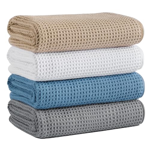 Microfiber Waffle Bath Towels, 4 Pieces, Soft, Absorbent, Fast Drying, Lint Free 430 GSM (Beige+Gray+Blue+White) - Image 1