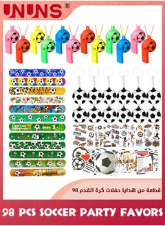 UNUNS 98 Pcs Soccer Party Favors Set,Football Slap Bracelet Stickers Silicone Ring Keychain Tattoo Stickers Whistle Soccer Kits,Sports Party Favors For Boys Girls,Birthday Goodie Gifts Bags Decor  - Image 1